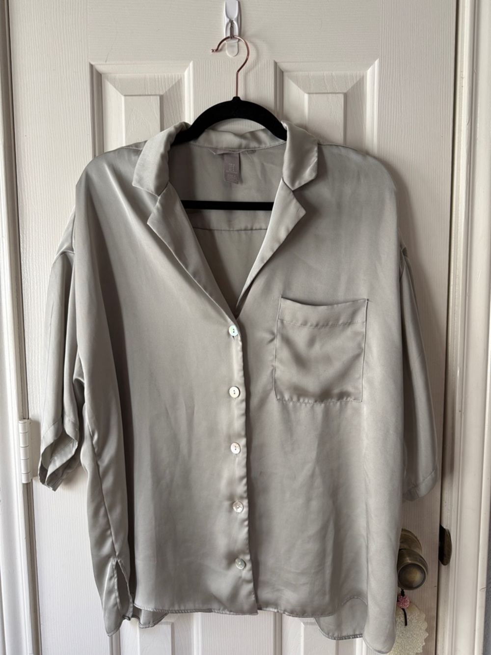 H&M Satin Button-Up Blouse in Light Gray